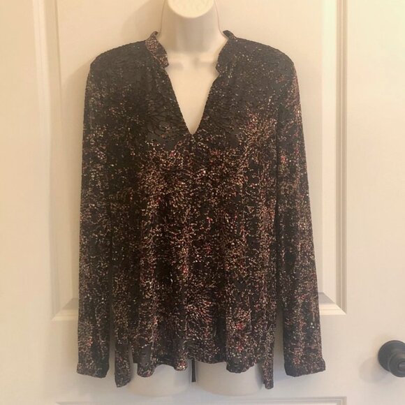 Sno Skins Long Sleeve V-Neck Raised Velour Multicolor Print Tunic Shirt Size M - Picture 2 of 16
